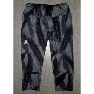 Salomon Cropped Capri Leggings Size Small Black and Grey Leaves Active Athletic